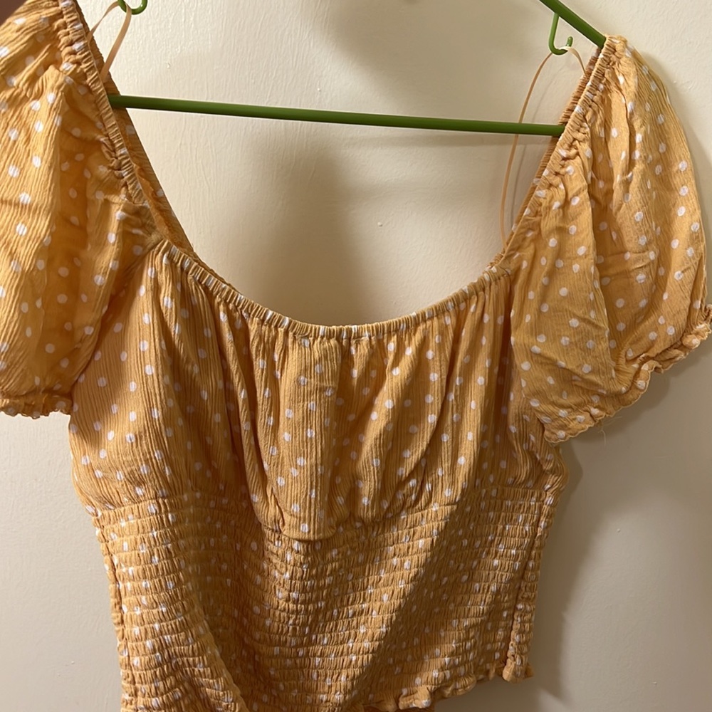 Yellow and White Square neck line and Puff Sleeve Top